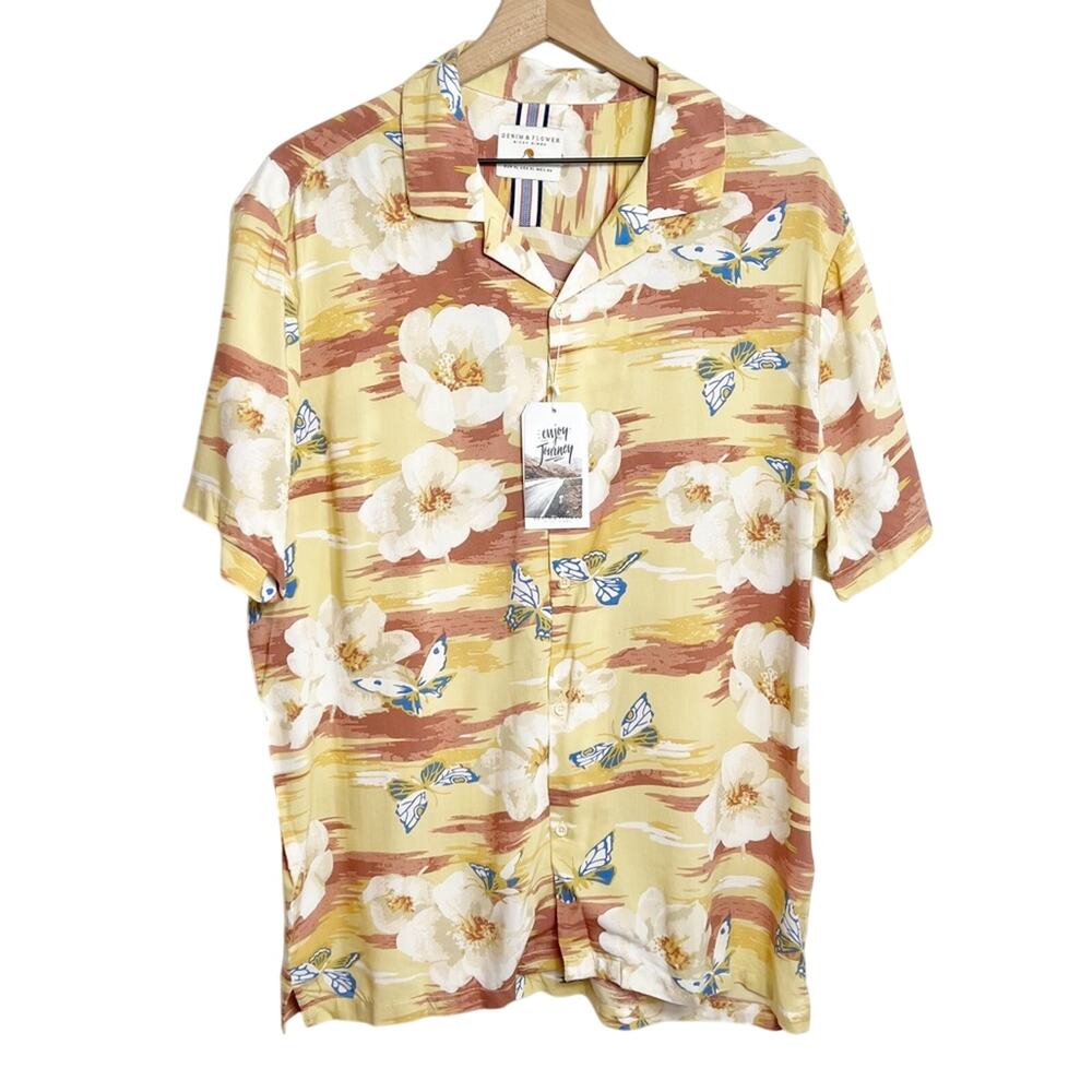 Denim & Flower Floral Butterfly Print Men Button Up Shirt Size XL Brand New